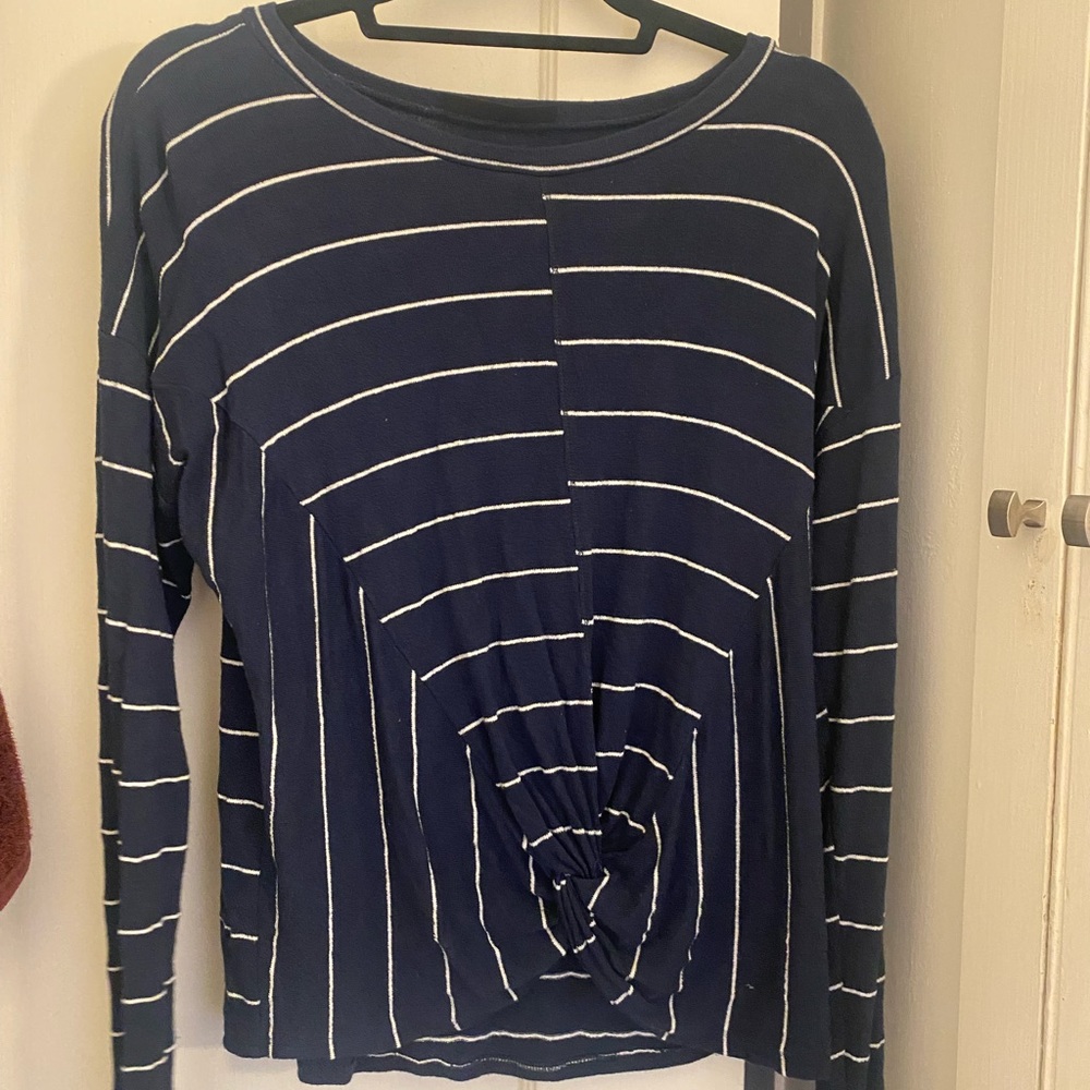 Navy blue and white stripped long sleeve t shirt with front knot